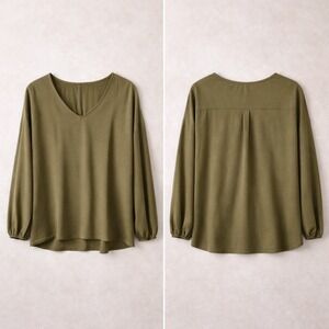 LAISHEN Olive Green V Neck Long Sleeve Casual Blouse Top Women's Size L Layers